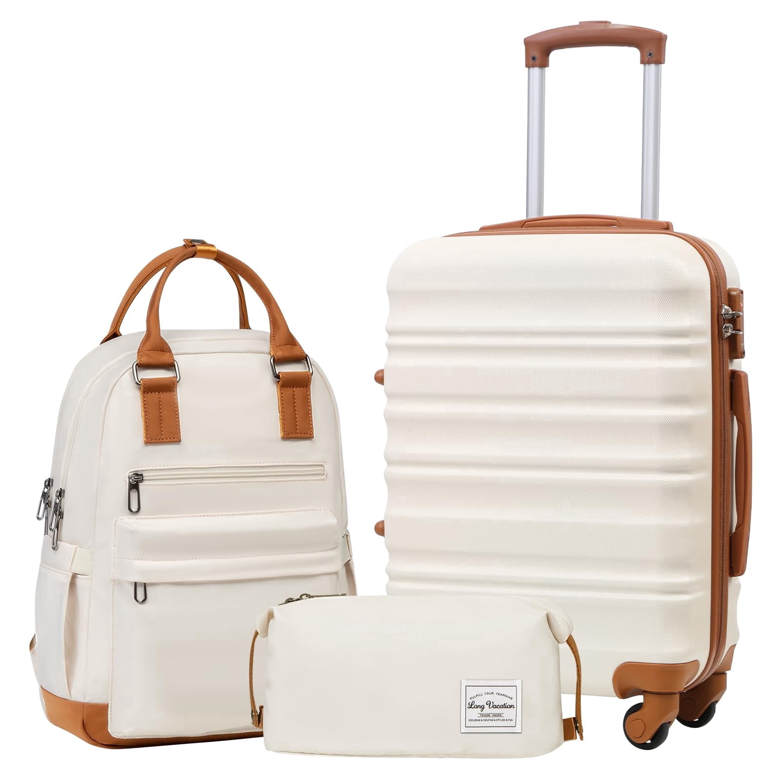 LONG VACATION Carry On Luggage Sets 3 Piece 20 Inch Suitcase Set, ABS+PC Hardshell Lightweight Travel Luggage with Spinner Wheels & YKK Zipper TSA Lock (20 INCH (BP/TB), BEIGE-BROWN)