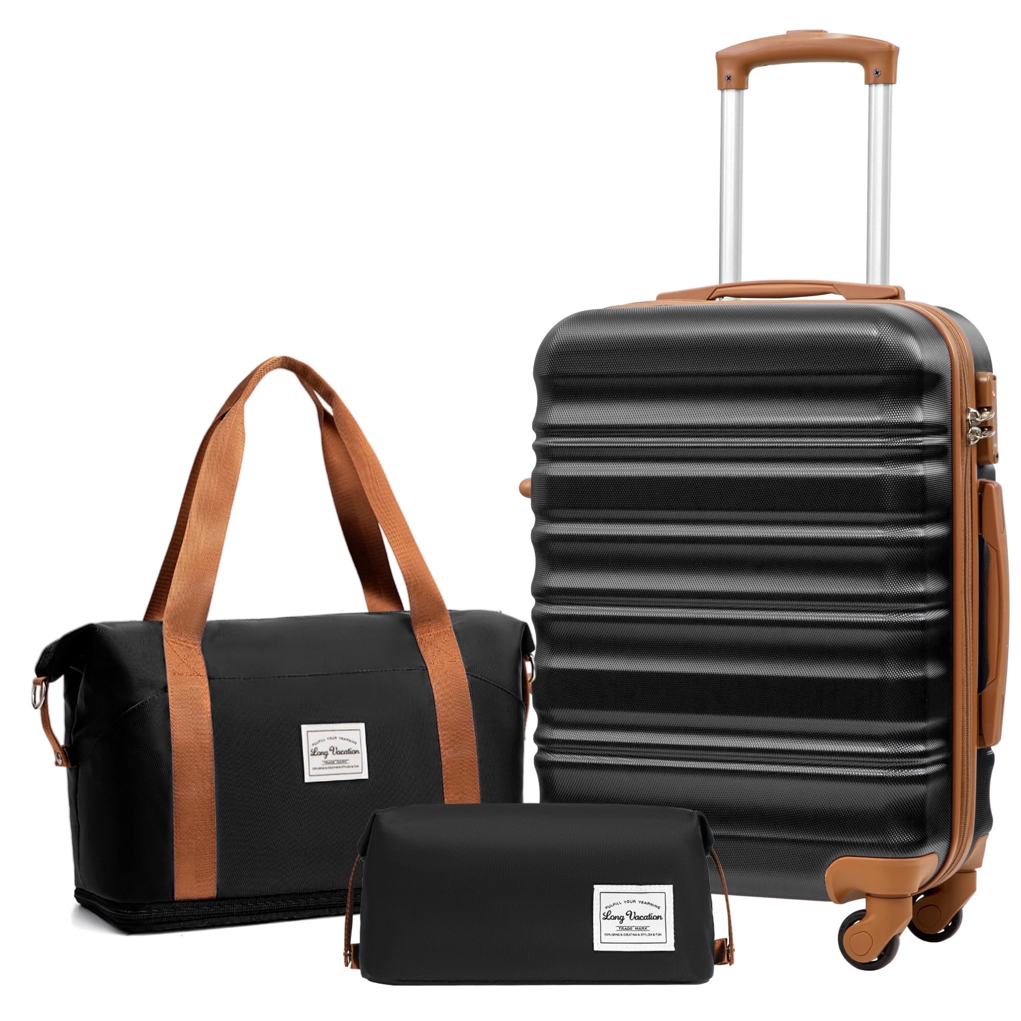 LONG VACATION Carry On Luggage Sets 3 Piece 20 Inch Suitcase Set, ABS+PC Hardshell Lightweight Travel Luggage with Spinner Wheels & YKK Zipper TSA Lock (BLACK-BROWN, 20 Inch)