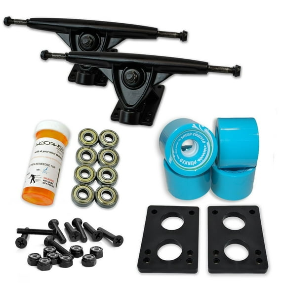 LONGBOARD Skateboard TRUCKS COMBO set w/ 71mm WHEELS + 9.675" Polished / Black trucks - BabyBlue wheels Black trucks