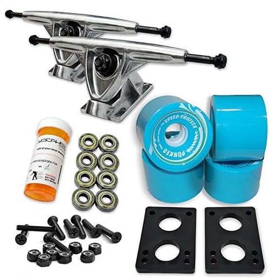 LONGBOARD Skateboard TRUCKS COMBO set w/ 71mm WHEELS + 9.675" Polished / Black trucks - BabyBlue wheels Polished trucks