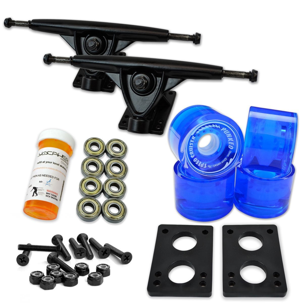 LONGBOARD Skateboard TRUCKS COMBO set w/ 71mm WHEELS + 9.675" Polished / Black trucks Blue