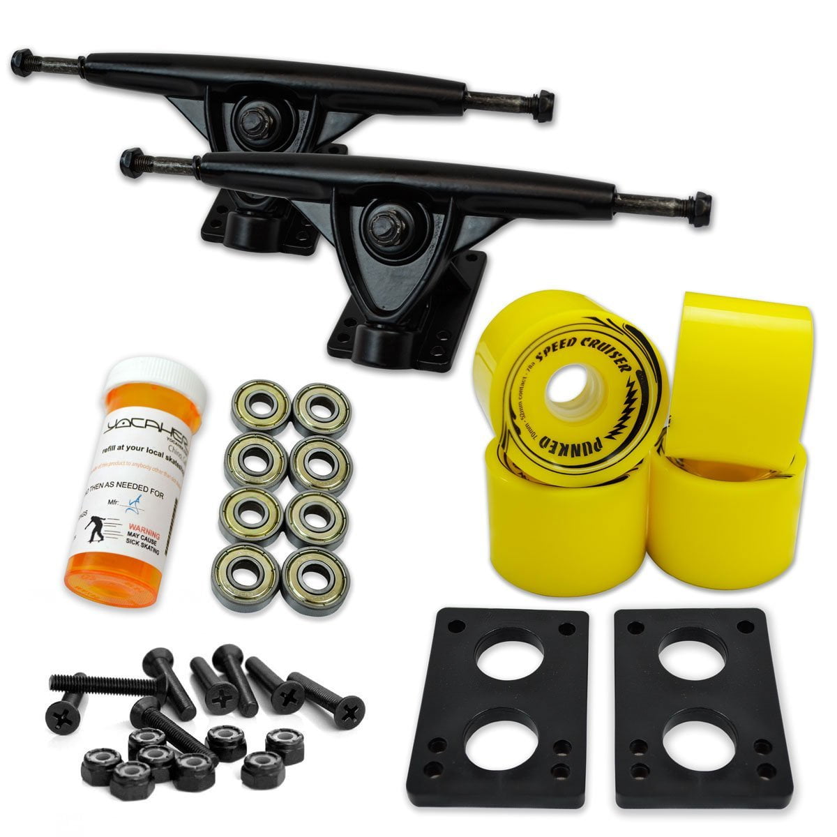 Kit Trucks Et Roues Yocaher Longboard – 71mm 78A, 175mm, ABEC 5, Rehausseurs Noirs