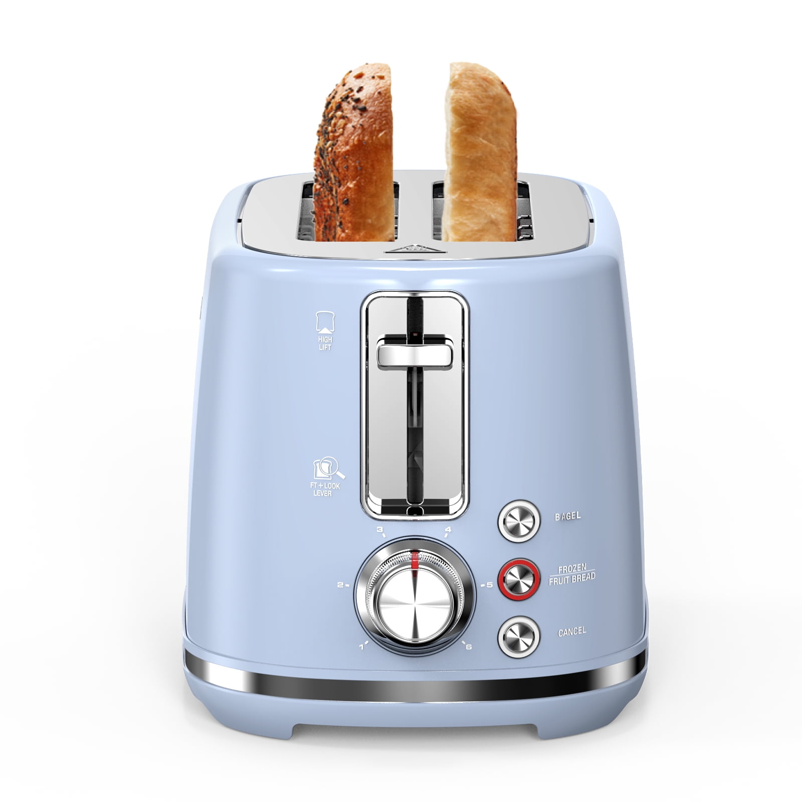 LONGDEEM 2 Slice Toaster - 6 Settings, Extra Wide Slots, High Lift, Auto Shutoff - Blue