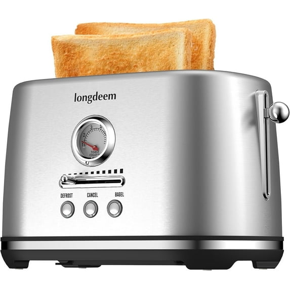 LONGDEEM 2 Slice Toaster - Wide Slots, 6 Shade Settings, Auto Shut-Off - Silver