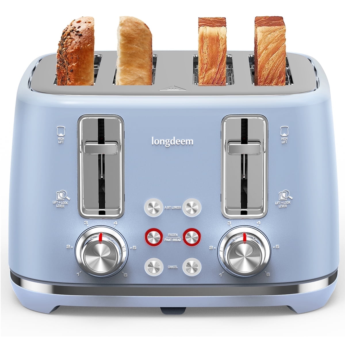 Blue Retro 4-Slice Stainless Steel Toaster with Dual Controls