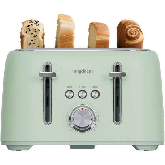 LONGDEEM 4-Slice Toaster 1.5" Extra Wide Slot Stainless Steel - High Lift, 6 Presets - Green