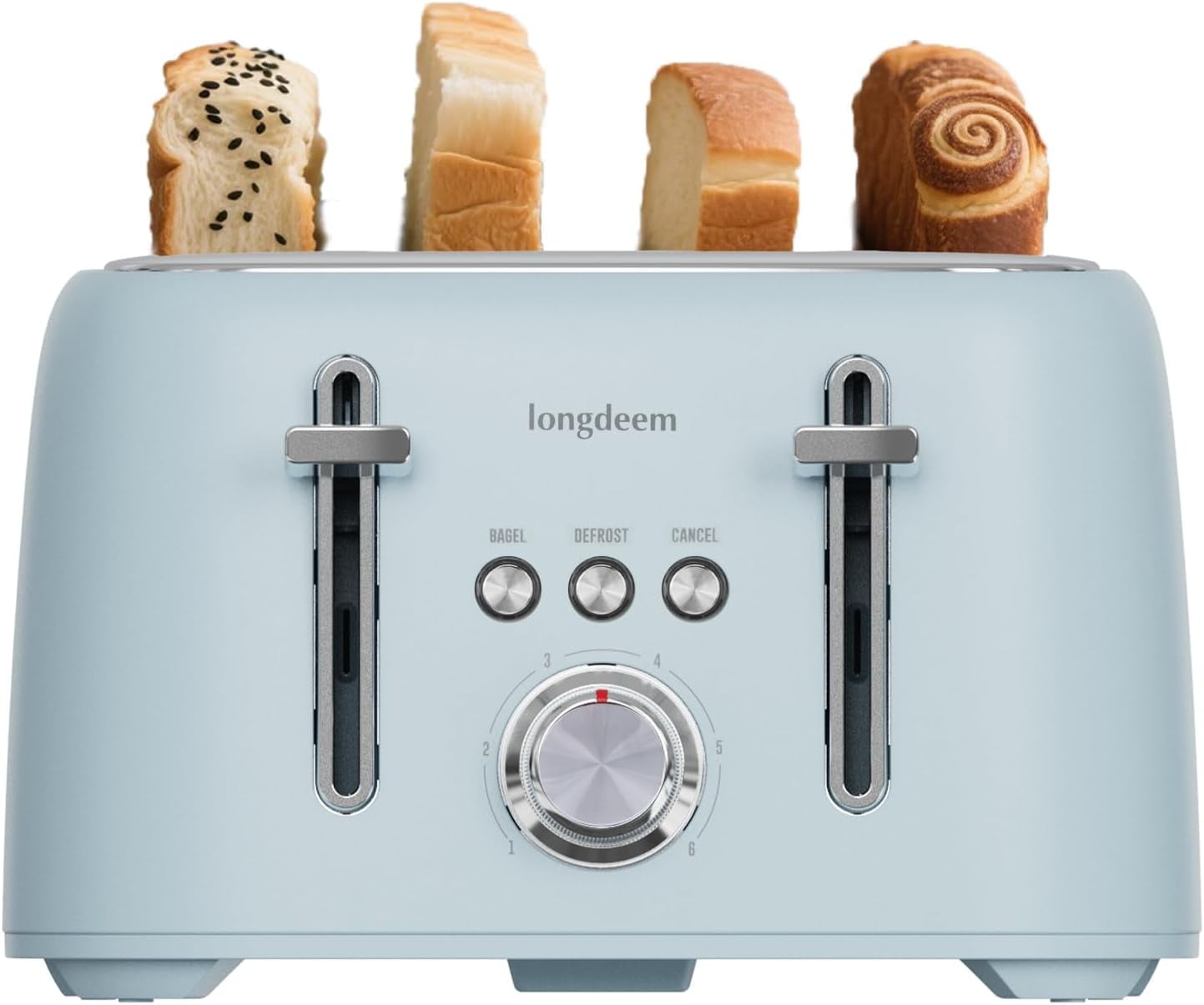 LONGDEEM 4-Slice Toaster Extra Wide Slot Stainless Steel - Removable Tray - Blue