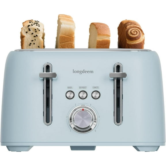 LONGDEEM 4-Slice Toaster Extra Wide Slot Stainless Steel - Removable Tray - Blue
