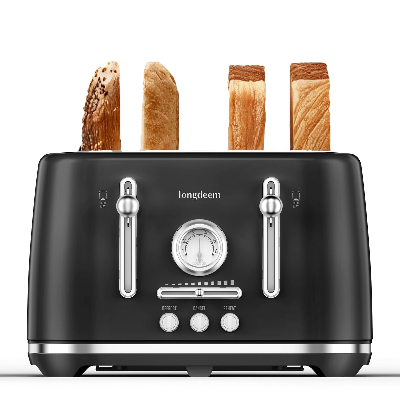 LONGDEEM 4 Slice Toaster - 6 Browning Levels, Wide Slots, High Lift Lever - Black