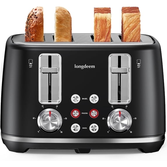 LONGDEEM 4 Slice Toaster Stainless Steel - 6 Browning Levels, Wide Slots, Dual Controls - Black