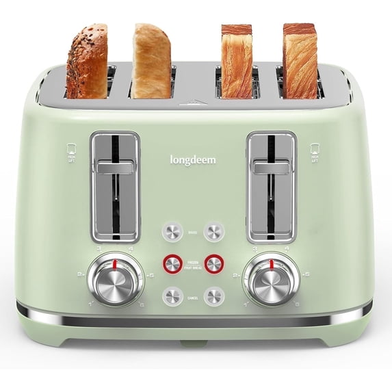 LONGDEEM 4 Slice Toaster, Stainless Steel Toaster with 6 Browning Options, 1.6''Wide Slots with Cancel/Defrost/Reheat Functions, High Lift Lever, Dual Controls, Green