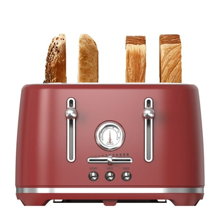 LONGDEEM 4 Slice Toaster - 6 Browning Options, Wide Slots, High Lift Lever, Dual Controls - Red