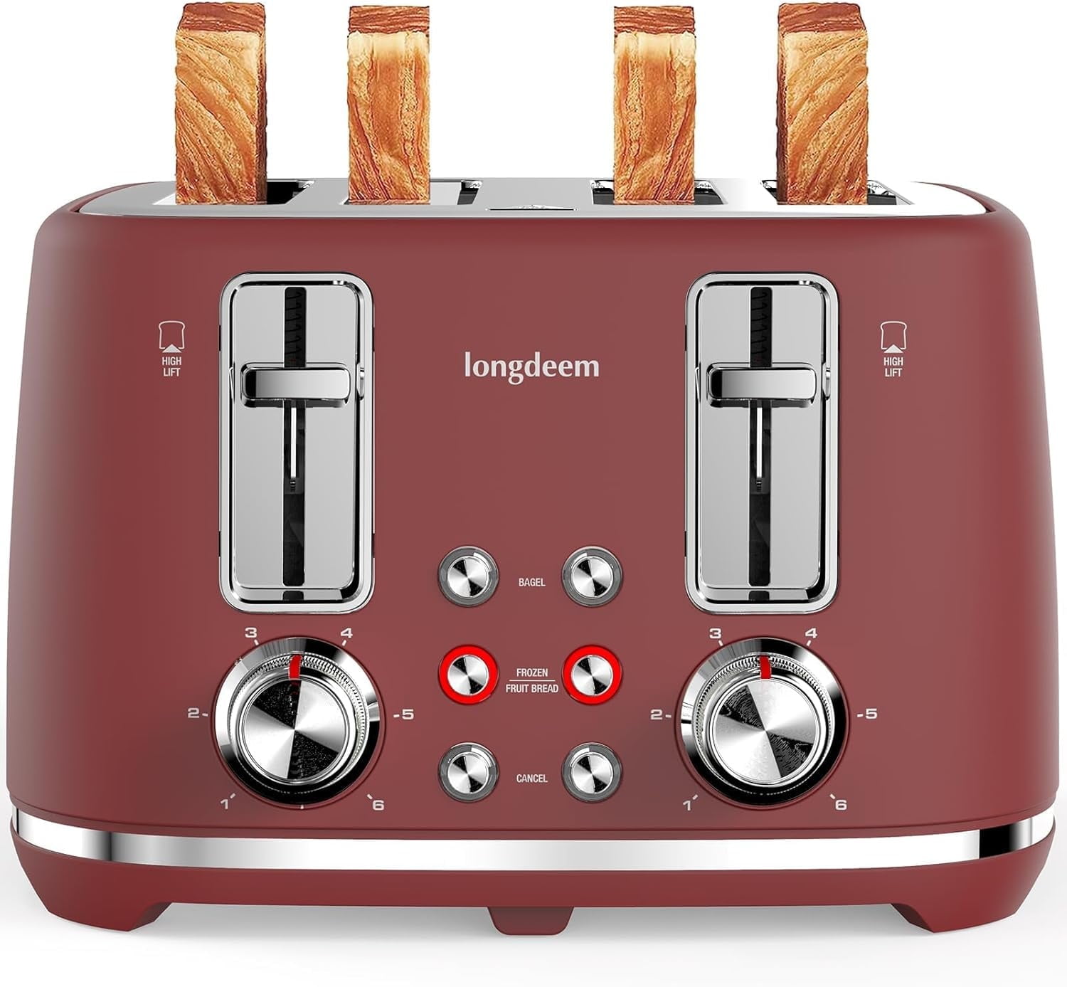 LONGDEEM 4-Slice Toaster - Extra Wide 1.5" Slots, 6 Browning Settings, Bagel/Defrost/Cancel, Green