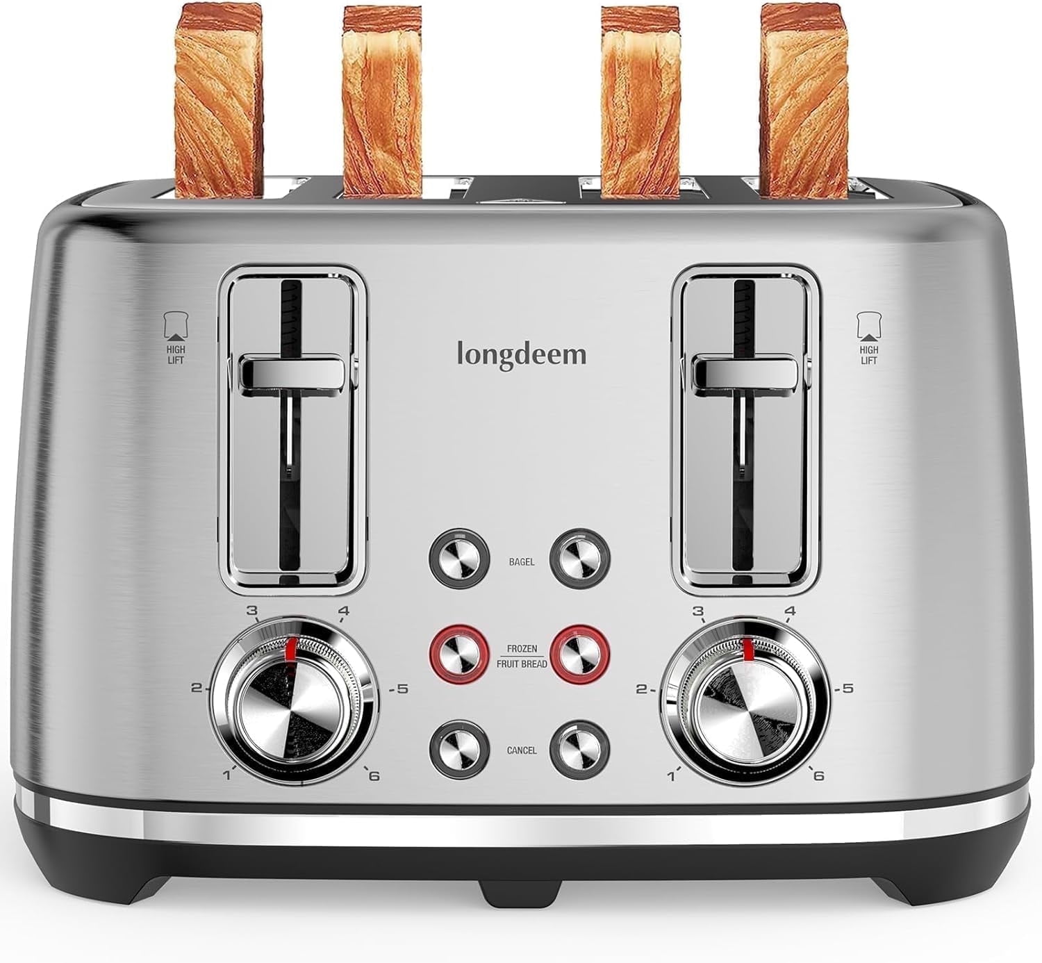 LONGDEEM 4 Slice Toaster - 6 Browning Levels, Wide Slots, High Lift Lever - Silver