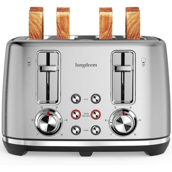 LONGDEEM 4 Slice Toaster - 6 Browning Levels, Wide Slots, High Lift Lever - Silver