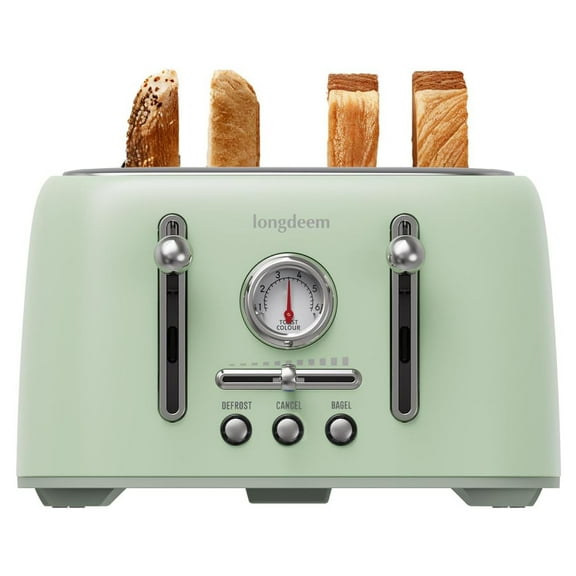 LONGDEEM 4-Slice Toaster with 6-Level Browning, Bagel/Defrost, Wide 1.6” Slots, Auto Shutoff & Crumb Tray, Stainless Steel, Green