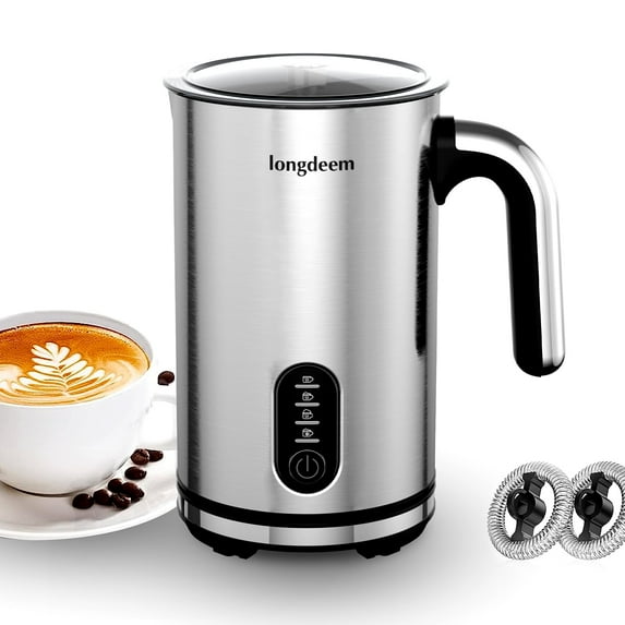 LONGDEEM 4-in-1 Electric Milk Frother, Aerolatte Style - Auto Shut-Off - 10 oz, Silver