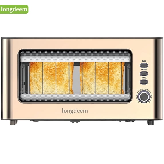 LONGDEEM Clear View Glass Toaster - Extra Long Slot, 6 Browning Levels - Gold