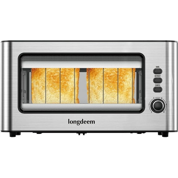 LONGDEEM Clear View 2-Slice Glass Toaster, Extra Long Slot, 6 Browning Levels, Defrost, Silver