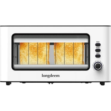 LONGDEEM Clear View 2-Slice Glass Toaster, Extra Long Slot, 6 Browning Levels, Defrost, White