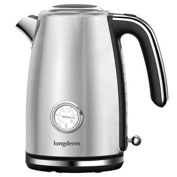 LONGDEEM Electric Tea Kettle, 1.7L/1500W, Thermometer, Auto Shut-Off, Boil-Dry Protection, Silver