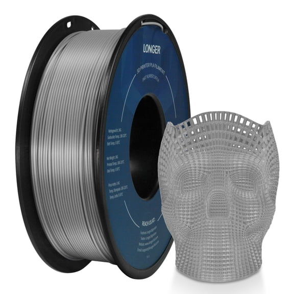 LONGER PLA 3D Printer Filament 1.75mm, Dimensional Accuracy +/- 0.02 mm, No Tangle, Environmental Friendly, Widely Compatibility (Silver, 1KG)