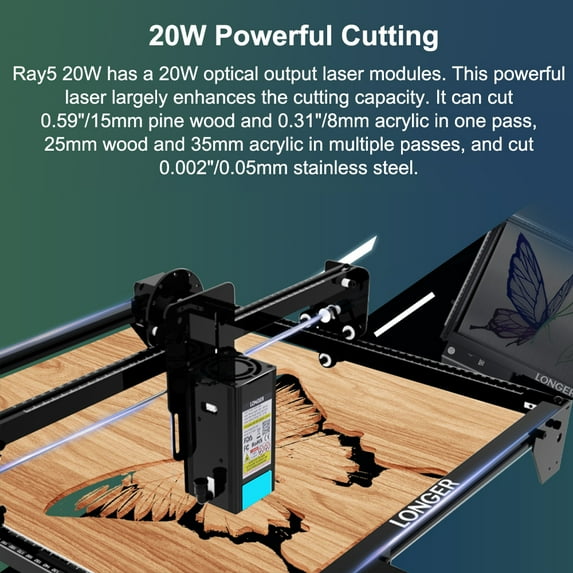 LONGER Ray5 20W Engraver with Engraving Area 375x375mm 3.5'' Touchscreen 32-bit Motherboard Support App WIFI USB TF Card Data 0.08x0.10mm DIY Marking for Pine Wood Metal Acrylic Stainles