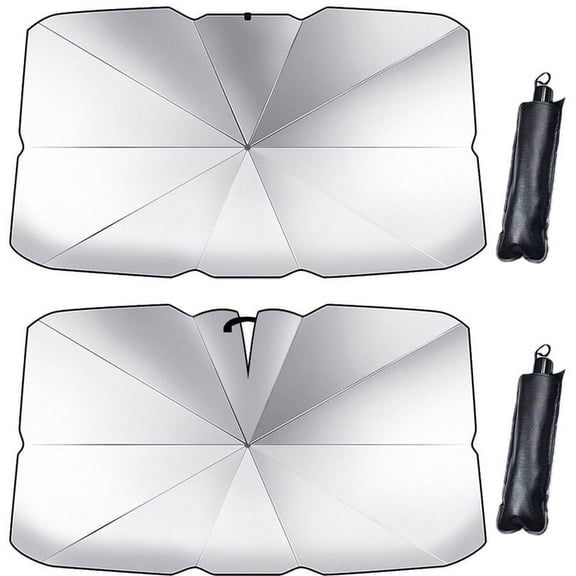 LONGHEXINA 2 Pcs Foldable Sun Shade Umbrella with Storage Pouch for Small Sedans SUVs