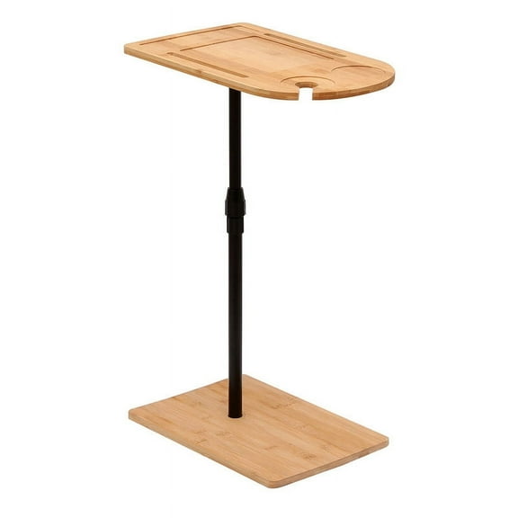 LONGHEXINA Couch Tray Table Bamboo Height Adjustable Side Table for Sofa C-shaped Oval End Tables with Slots for Bed and Chairs in Living Room and Bedroom