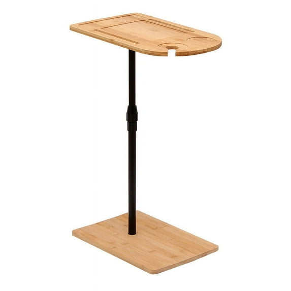 LONGHEXINA Couch Tray Table Bamboo Height Adjustable Side Table for Sofa C-shaped Oval End Tables with Slots for Bed and Chairs in Living Room and Bedroom