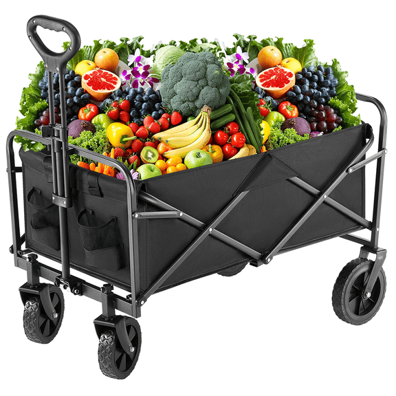 LONGHEXINA Folding Wagon Cart with Wheels Foldable Grocery Cart Small for Outdoor Activities Black