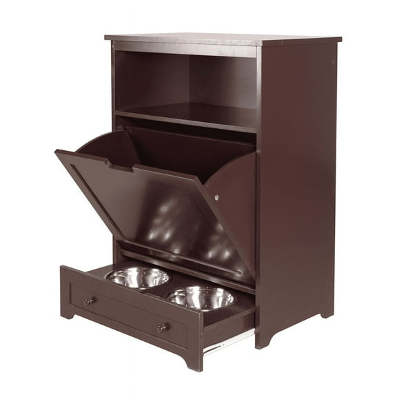 LONGHEXINA Pet Feeder Station with Storage Made of MDF and Waterproof Painted Dog and Cat Feeder Cabinet with Stainless Bowl