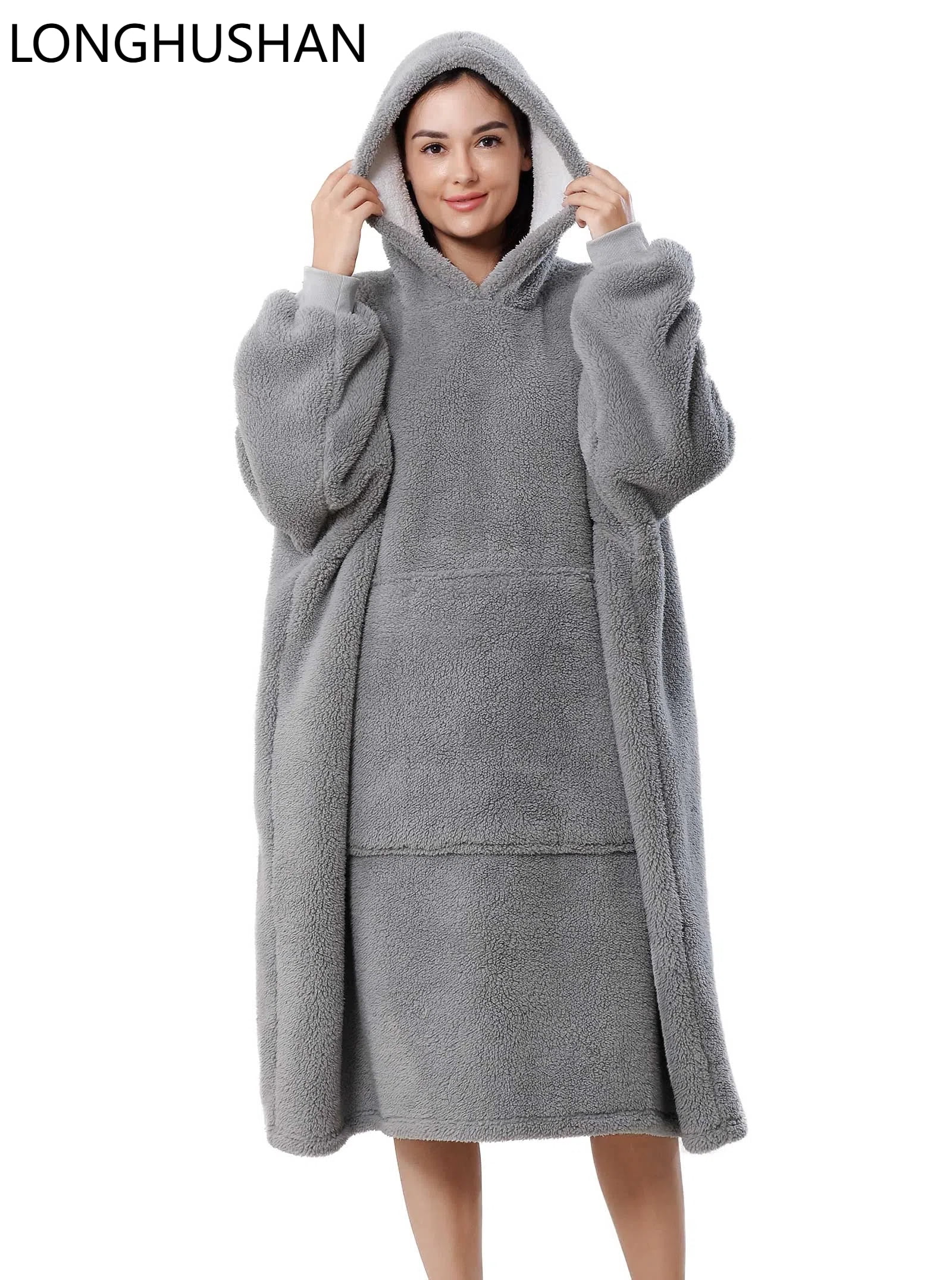 LONGHUSHAN Wearable Blanket Oversized Blanket Hoodie for Women Men , Soft Comfy Warm Sherpa Fleece Sweatshirt with Zipper and Deep Pockets, Winter Gifts Girlfriend Mom - Gray