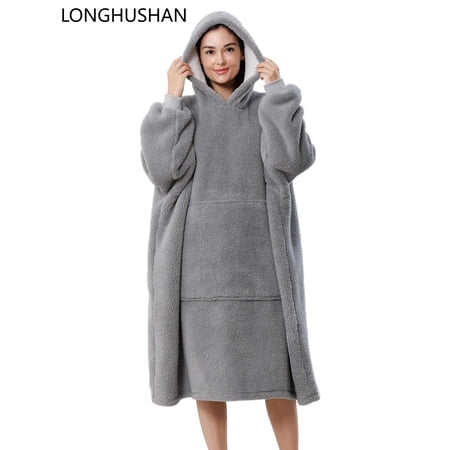 LONGHUSHAN Wearable Blanket Oversized Blanket Hoodie for Women Men , Soft Comfy Warm Sherpa Fleece Sweatshirt with Zipper and Deep Pockets, Winter Gifts Girlfriend Mom - Gray