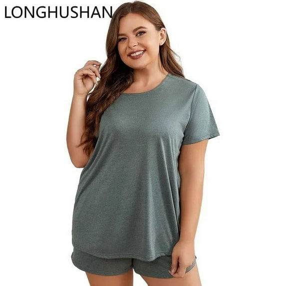 LONGHUSHAN Womens Pajama Sets Plus Size Summer Short Sleeve Round Neck Loungewear Sleepwear Comfy Two Piece Lounge Set