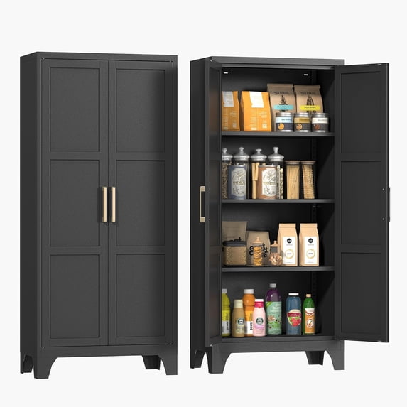 Metal Pantry Cabinet, 61'' Black Kitchen Pantry Storage Cabinet with Doors and Adjustable Shelves, Utility Room, Homes, Offices, Garage-, Assembly Required