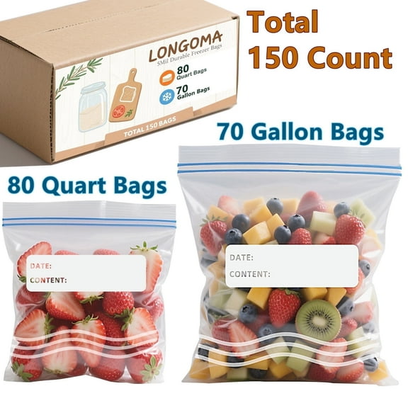 LONGOMA 150 Count Fresh Seal Double Zipper Food Storage Bags, 70 Freezer Gallon Bag + 80 Quart Bags Press to Close Plastic Bags