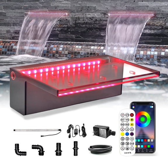 LONGRUN 11.8" Acrylic Waterfall Spillway, APP Controlled Multi-Color LED Light Outdoor Fountain Kit for Swimming Pool, Koi Pond, Garden and Patio Decoration