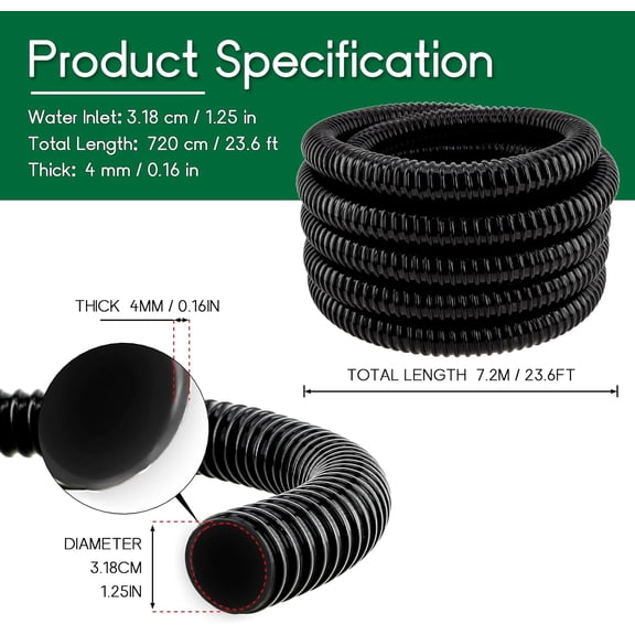 LONGRUN Pond Tubing 1.25 Inch 1-1/4'' Diameter, 23.6 Feet Long Corrugated Flexible Hose Pipe, Pool PVC Tube for Garden Ponds Waterfalls Camping Caravans Filters Drainage Marine