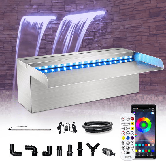 LONGRUN Waterfall Pool Fountain, Updated 5.9'' Wider Open Lip Stainless Steel Waterfall Spillway, Decorative Water Feature for Swimming Pools, Koi Ponds, Spa & Garden - 11.8''