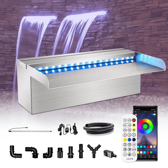 Longrun Waterfall Pool Fountain, Updated 5.9'' Wider Open Lip Stainless Steel Waterfall Spillway, Decorative Water Feature for Swimming Pools, Koi Ponds, Spa & Garden - 11.8''