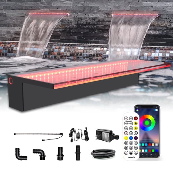 LONGRUN 23.6" Acrylic Waterfall Spillway, APP Controlled Multi-Color LED Light, Decorative Fountain for Pool, Koi Pond, Garden & Patio