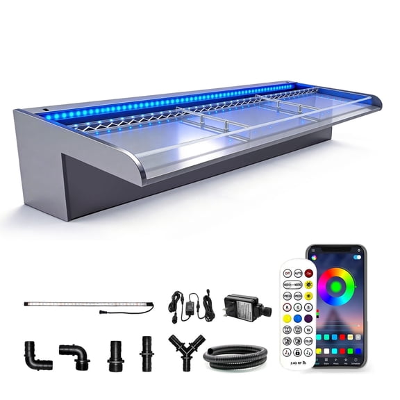LONGRUN with lid Waterfall Spillway, APP Control Multi-Color LED Light Outdoor Pool Fountain, Acrylic Water Spillway Koi Pond Waterfalls Fountains Kit for Garden Patio Swimming Pool Decoration-23.6"