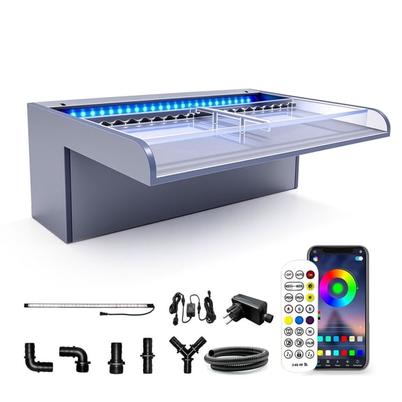 LONGRUN with lid Waterfall Spillway APP Control Multi-Color LED Light Outdoor Pool Fountain, Acrylic Water Spillway Koi Pond Waterfalls Fountains Kit for Garden Patio Swimming Pool Decoration-11.8"