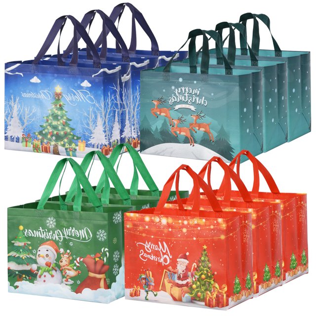 LONGRV 12 Pack Christmas Gift Bags,Reusable Tote Bags with Handle,Non