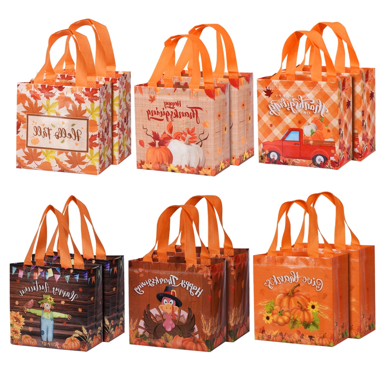 LONGRV 12Packs Thanksgiving Gift Bags Fall Non-Woven Tote Bags Treat Bags with Handles Pumpkin Turkey Bags Candy Bags Reusable Grocery Goodie Shopping Bags for Fall Thanksgiving Party Favors