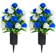 LONGRV 2 Sets Artificial Cemetery Flowers,Memorial Flowers,Beautiful Arrangements for Headstones,Black Plastic vase with Drainage Hole Long Spikes Outdoor Memorials(Dark Blue)
