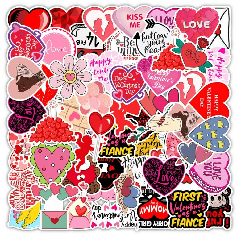 LONGRV 50pcs Valentine Stickers Heart Stickers Vinyl Waterproof Stickers  for Kids Teens Adults Love Bear Flowers Mail,Valentines Day Decorations 