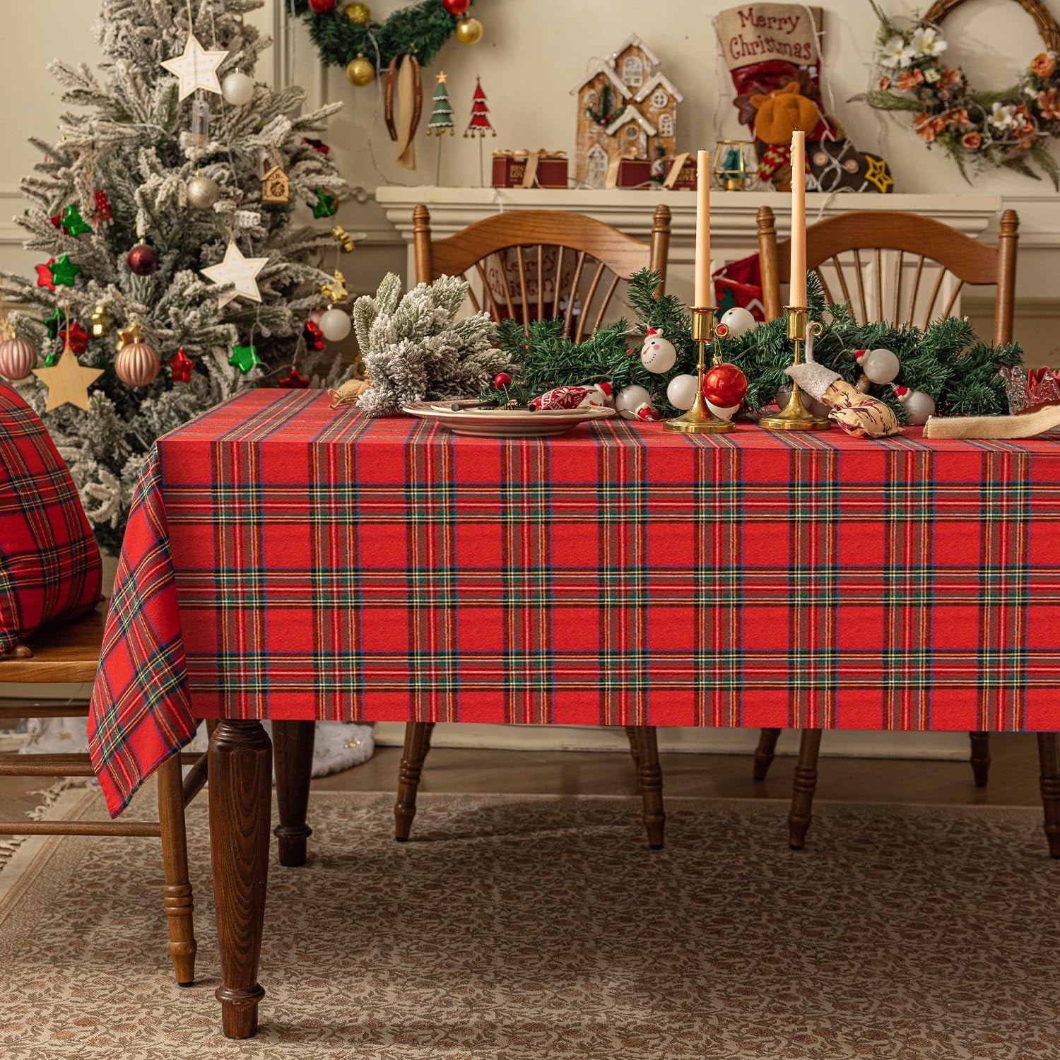 LONGRV Christmas Checkered Tartan Rectangle Tablecloth Red Buffalo