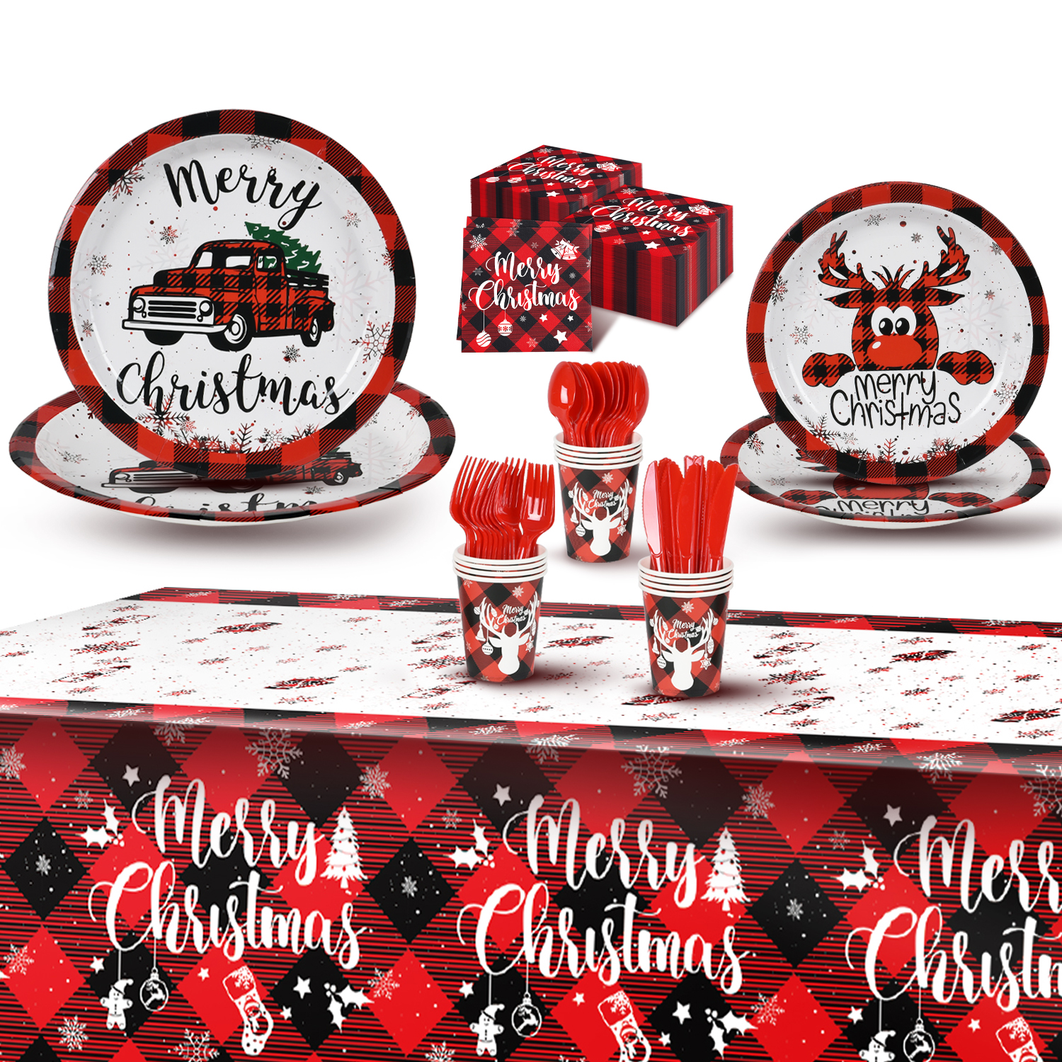 LONGRV Christmas Dinnerware Set Disposable Merry Christmas Plates and